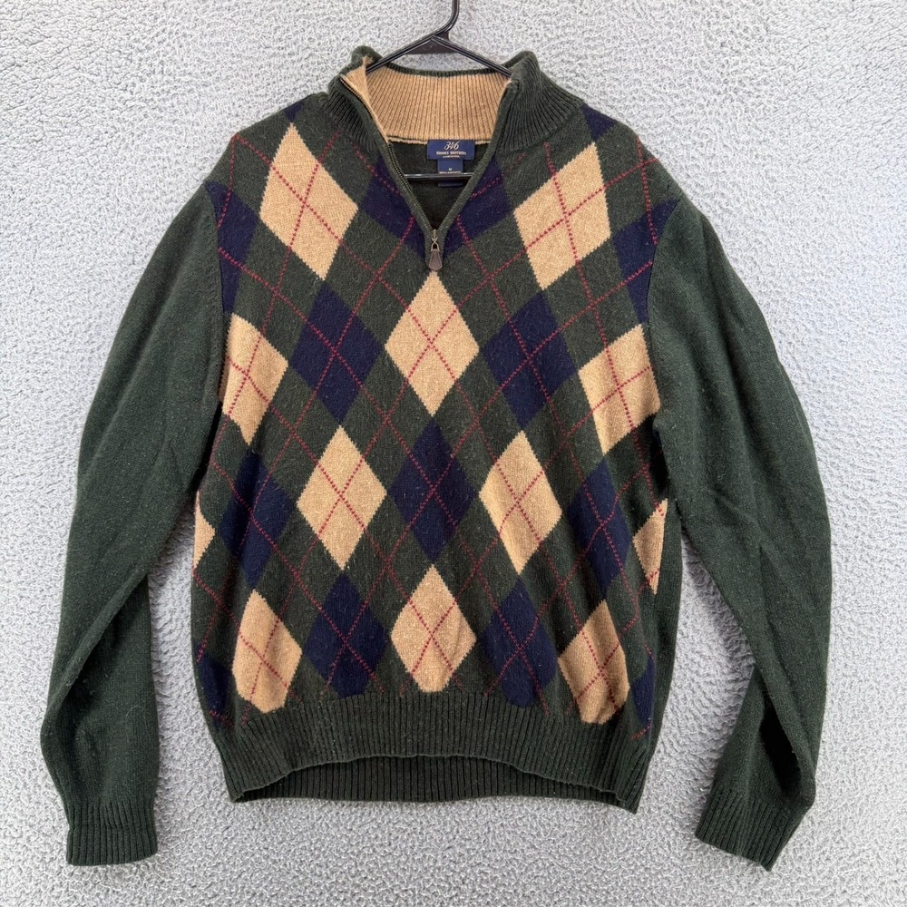 Brooks Brothers 346 Men‎ 100% Lambswool Argyle 1/4 Zip Sweater Green Medium READ